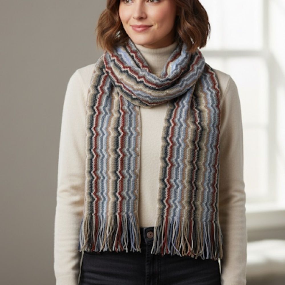 Missoni Wool Blend Zigzag Patterned Classic Scarf Blue Brown